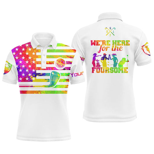 Golf Polo shirts, Watercolor American Flag Mens Golf Polo Shirts Custom Name We'Re Here For The Foursome Golf Gifts