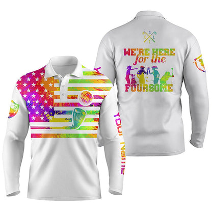 Golf Polo shirts, Watercolor American Flag Mens Golf Polo Shirts Custom Name We'Re Here For The Foursome Golf Gifts