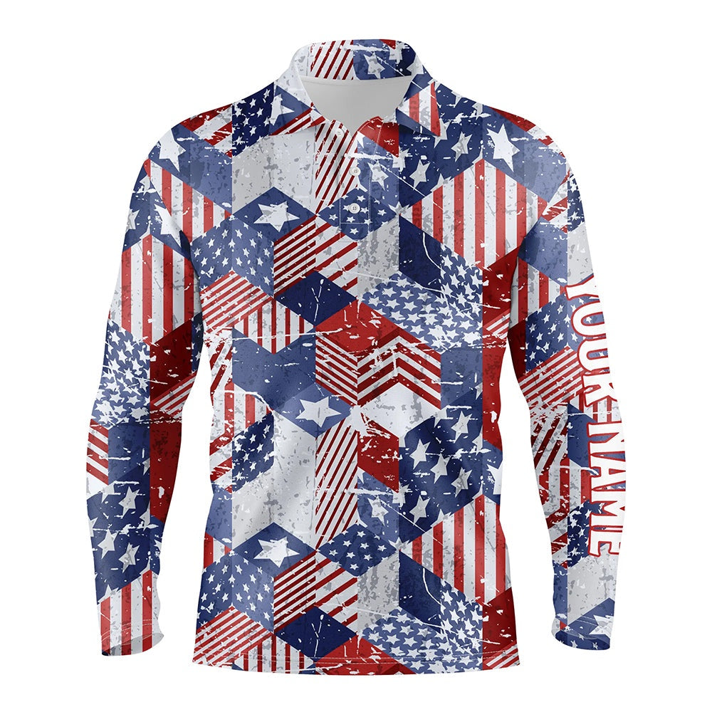 Golf Polo shirts, Watercolor American Flag Mens Golf Polo Shirts D Isometric Cubes Patriotic Golf Shirts For Men