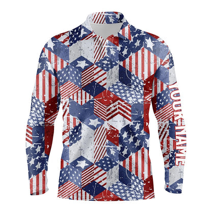 Golf Polo shirts, Watercolor American Flag Mens Golf Polo Shirts D Isometric Cubes Patriotic Golf Shirts For Men