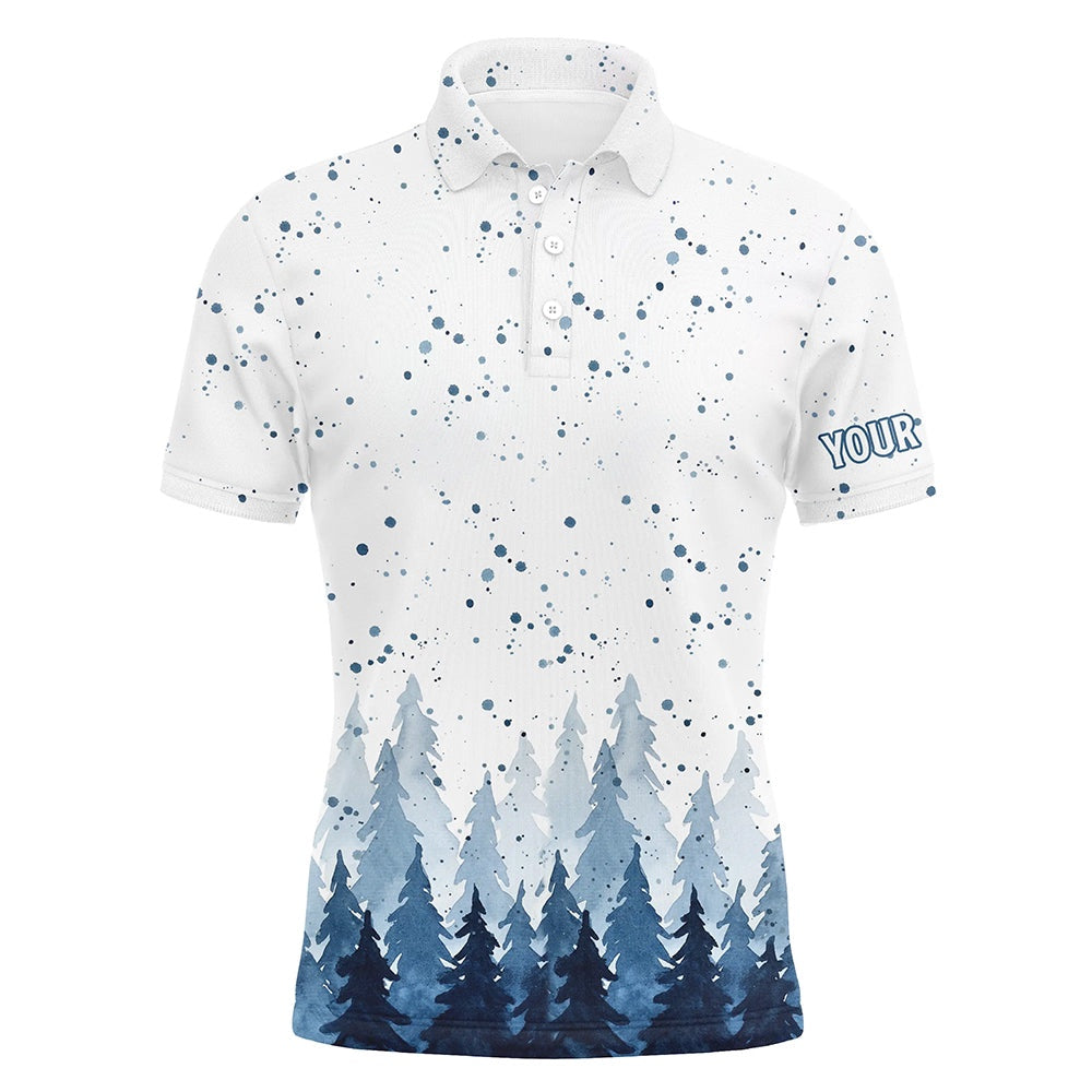 Golf Polo shirts, Watercolor Blue Christmas Trees & Snowfall Men Golf Polo Shirts Winter Golf Shirts For Men