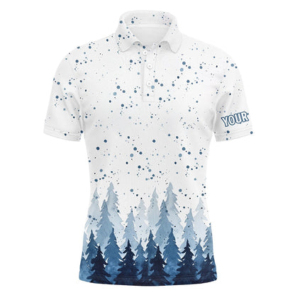 Golf Polo shirts, Watercolor Blue Christmas Trees & Snowfall Men Golf Polo Shirts Winter Golf Shirts For Men