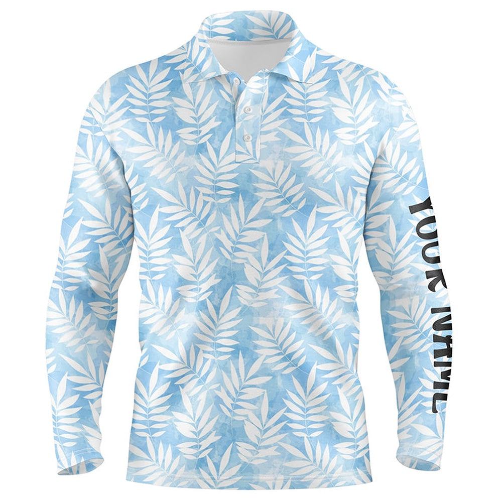 Golf Polo shirts, Watercolor Blue Leaves Tropical Pattern Mens Golf Polo Shirt Personalized Golf Tops For Men