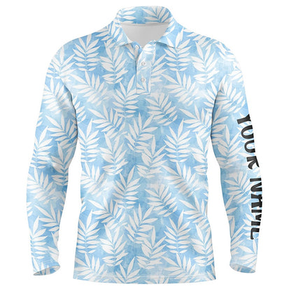 Golf Polo shirts, Watercolor Blue Leaves Tropical Pattern Mens Golf Polo Shirt Personalized Golf Tops For Men