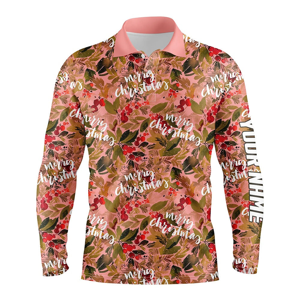 Golf Polo shirts, Watercolor Christmas Pink Mens Golf Polo Shirt Custom Golf Shirt For Men Golf Gifts