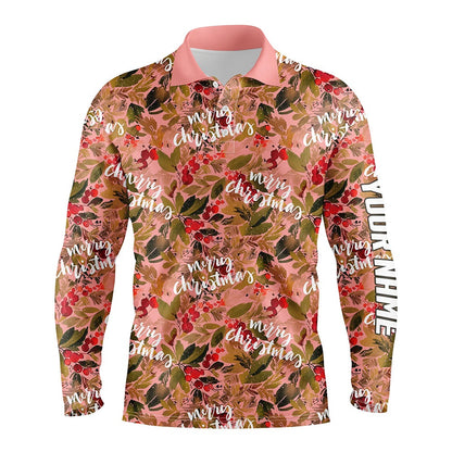 Golf Polo shirts, Watercolor Christmas Pink Mens Golf Polo Shirt Custom Golf Shirt For Men Golf Gifts