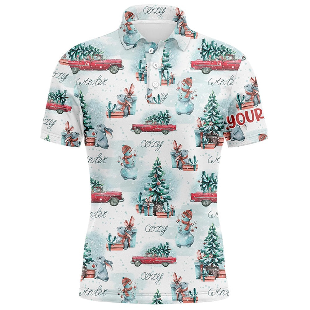Golf Polo shirts, Watercolor Snowmen Christmas Trees Mens Golf Polo Shirt Custom Cozy Christmas Golf Shirts For Men