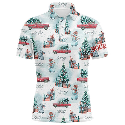 Golf Polo shirts, Watercolor Snowmen Christmas Trees Mens Golf Polo Shirt Custom Cozy Christmas Golf Shirts For Men