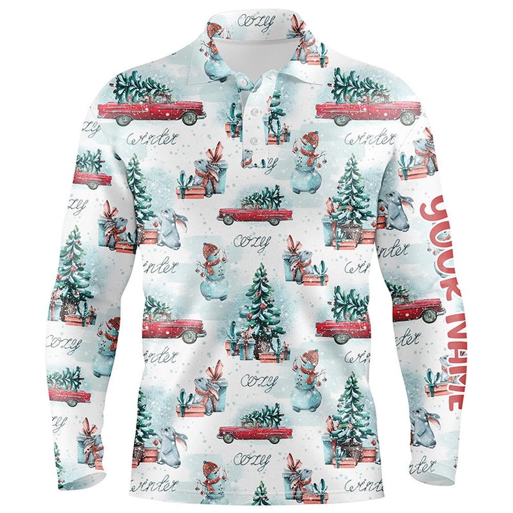 Golf Polo shirts, Watercolor Snowmen Christmas Trees Mens Golf Polo Shirt Custom Cozy Christmas Golf Shirts For Men