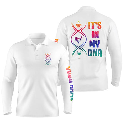Golf Polo shirts, Watercolor White Men Golf Polo Shirts Custom Coffee Golf Wine It'S In My Dna Best Mens Golf Wear