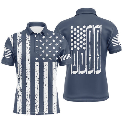 Golf Polo shirts, White American Flag Golf Clubs Mens Golf Polo Shirt Custom Patriotic Male Golf Attire For Men Navy