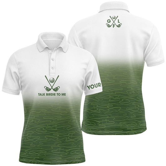 Golf Polo shirts, White And Green Golf Course Pattern Mens Golf Polo Shirt Custom Talk Birdie To Me Mens White Golf Tops