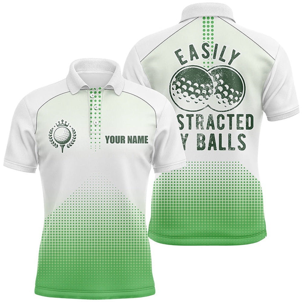 Golf Polo shirts, White And Green Mens Golf Polo Shirts Custom Easily Distracted By Balls Funny Golf Tops For Mens