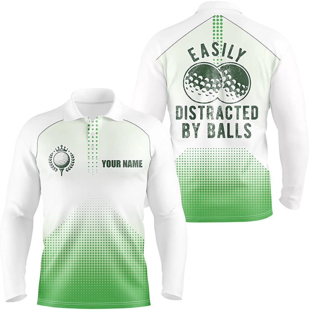 Golf Polo shirts, White And Green Mens Golf Polo Shirts Custom Easily Distracted By Balls Funny Golf Tops For Mens