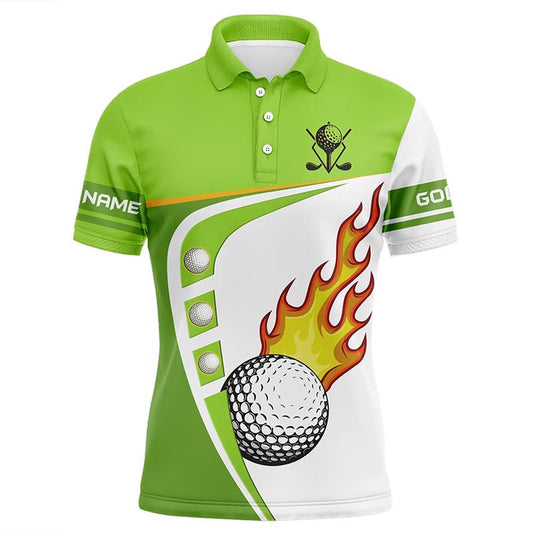 Golf Polo shirts, White And Green Mens Golf Polo Shirts Custom Golf Ball Fire Mens Golf Apparel, Green Golf Tops