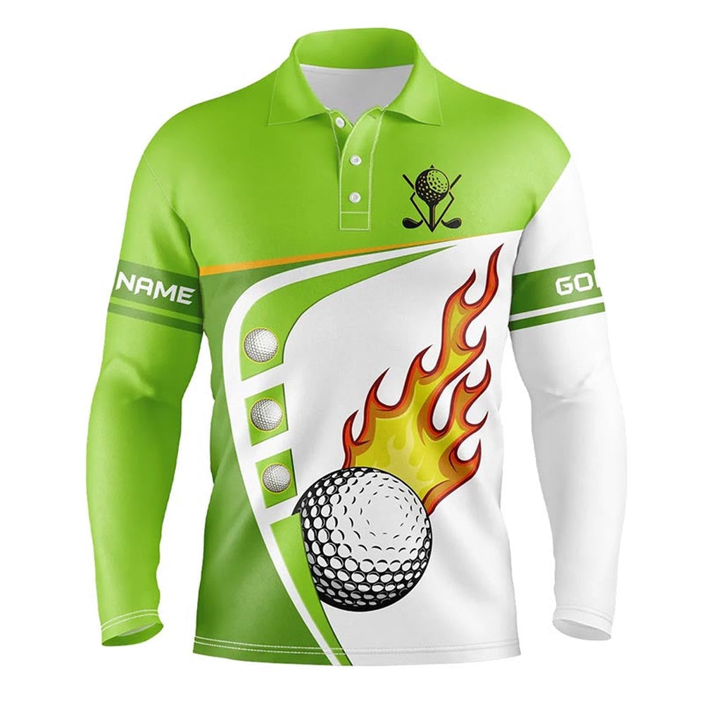 Golf Polo shirts, White And Green Mens Golf Polo Shirts Custom Golf Ball Fire Mens Golf Apparel, Green Golf Tops