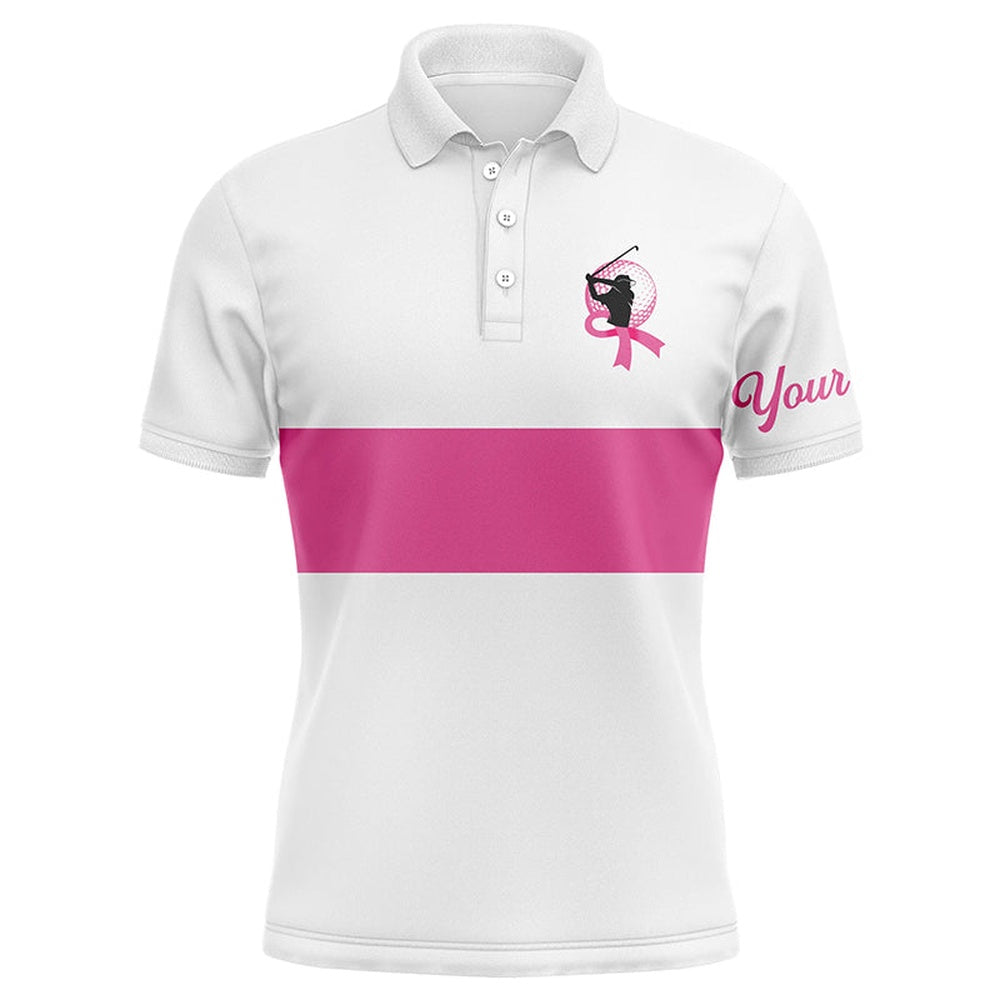Golf Polo shirts, White And Pink Breast Cancer Awareness Custom Mens Golf Polo Shirts, Pink Ribbon Golf Shirts