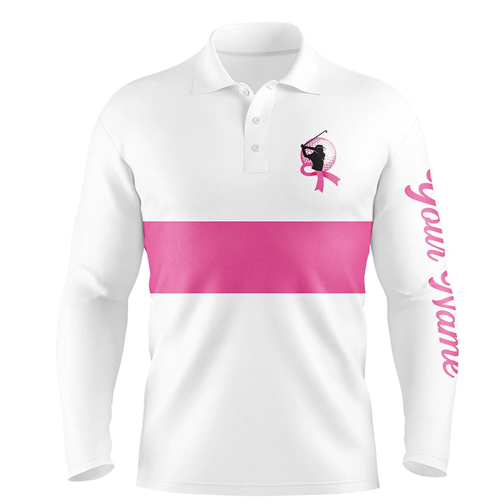 Golf Polo shirts, White And Pink Breast Cancer Awareness Custom Mens Golf Polo Shirts, Pink Ribbon Golf Shirts
