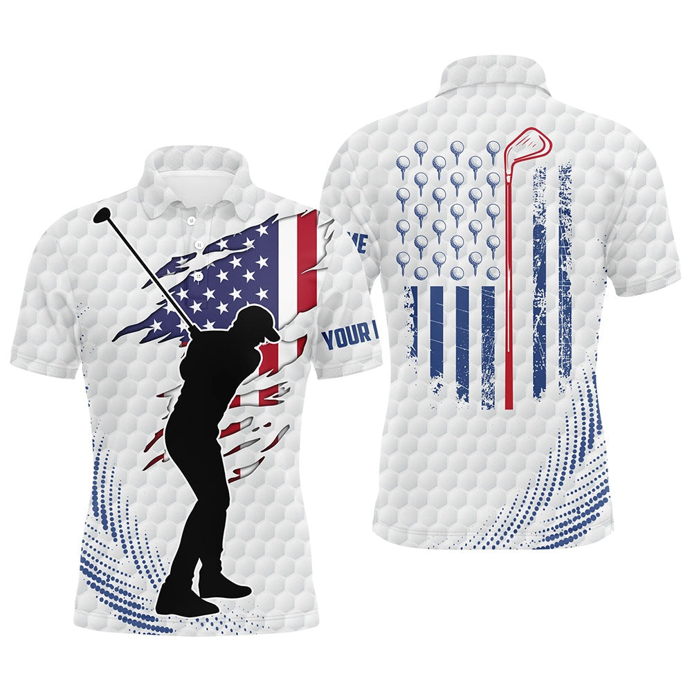 Golf Polo shirts, White Golf Ball Pattern Mens Golf Polo Shirts Custom American Flag Patriot Golf Apparel For Mens