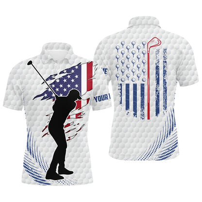 Golf Polo shirts, White Golf Ball Pattern Mens Golf Polo Shirts Custom American Flag Patriot Golf Apparel For Mens