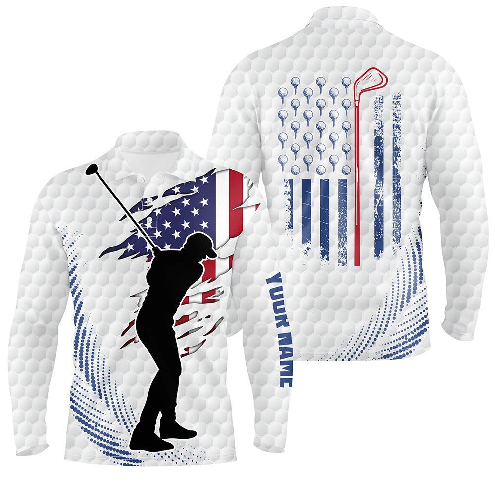Golf Polo shirts, White Golf Ball Pattern Mens Golf Polo Shirts Custom American Flag Patriot Golf Apparel For Mens