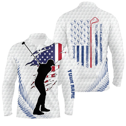 Golf Polo shirts, White Golf Ball Pattern Mens Golf Polo Shirts Custom American Flag Patriot Golf Apparel For Mens