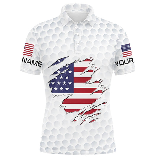 Golf Polo shirts, White Golf Ball Skin American Flag Custom Patriotic Mens Golf Polo Shirts, Unique Patriot Golf Gifts