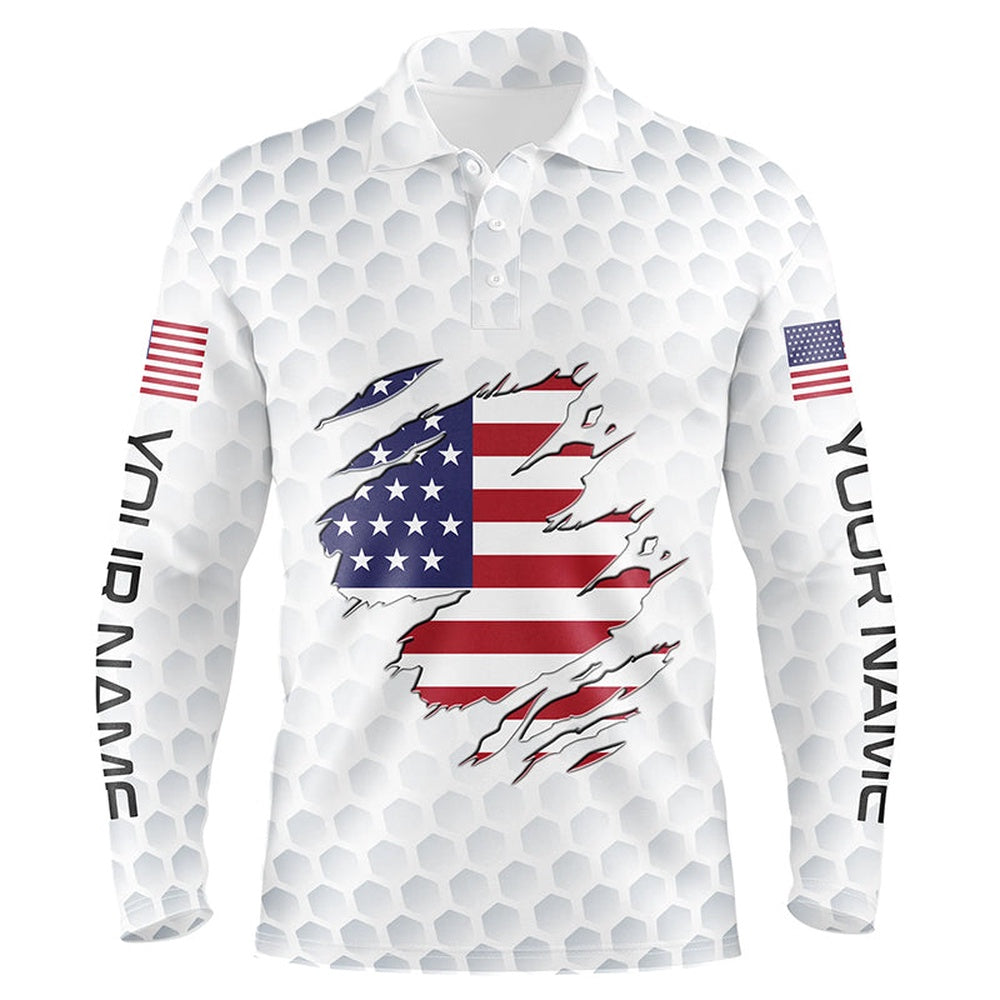 Golf Polo shirts, White Golf Ball Skin American Flag Custom Patriotic Mens Golf Polo Shirts, Unique Patriot Golf Gifts