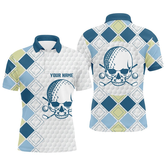 Golf Polo shirts, White Golf Ball Skull Mens Golf Polo Shirts Custom Blue Argyle Pattern Golf Apparel For Men
