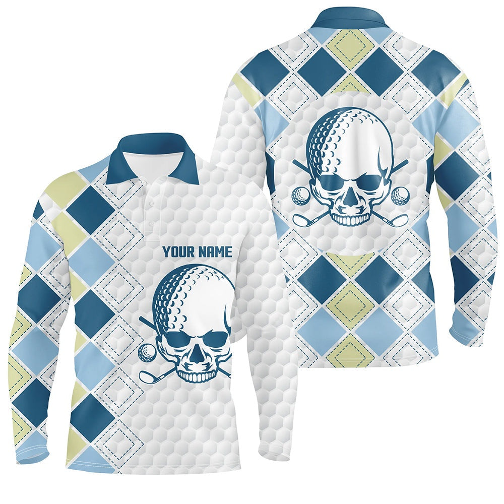 Golf Polo shirts, White Golf Ball Skull Mens Golf Polo Shirts Custom Blue Argyle Pattern Golf Apparel For Men