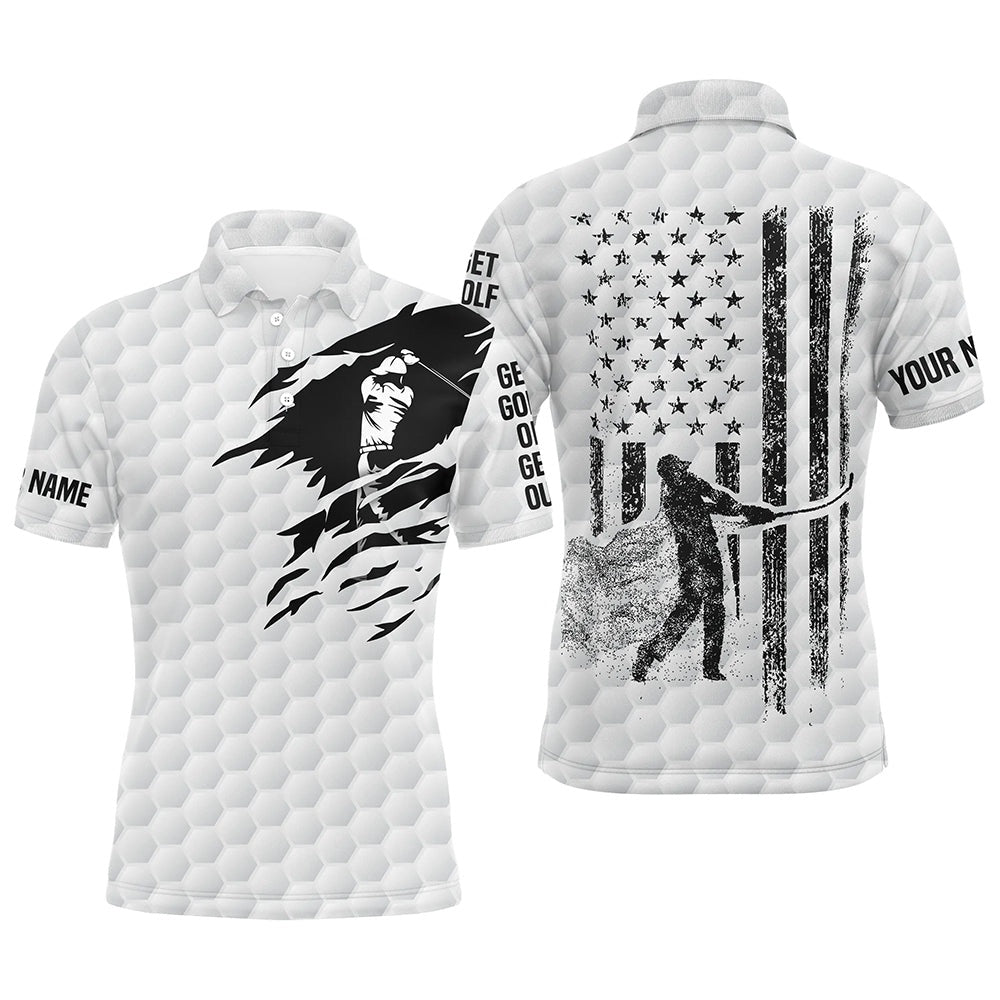 Golf Polo shirts, White Golf Polo Shirt Mens Custom Black American Flag Patriot Get Golf Or Get Out Funny Men Golf Wears