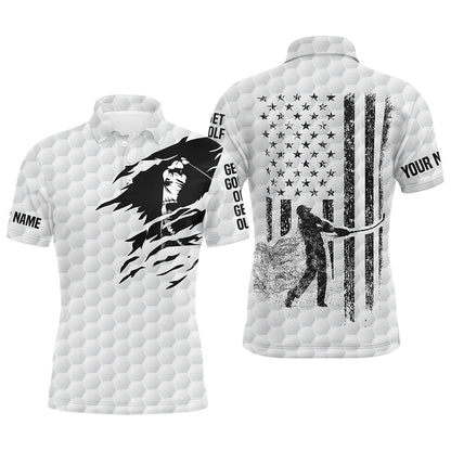 Golf Polo shirts, White Golf Polo Shirt Mens Custom Black American Flag Patriot Get Golf Or Get Out Funny Men Golf Wears