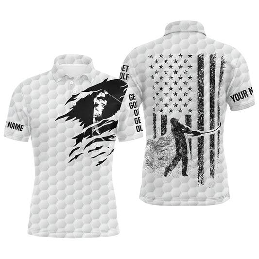 Golf Polo shirts, White Golf Polo Shirt Mens Custom Black American Flag Patriot Get Golf Or Get Out Funny Men Golf Wears