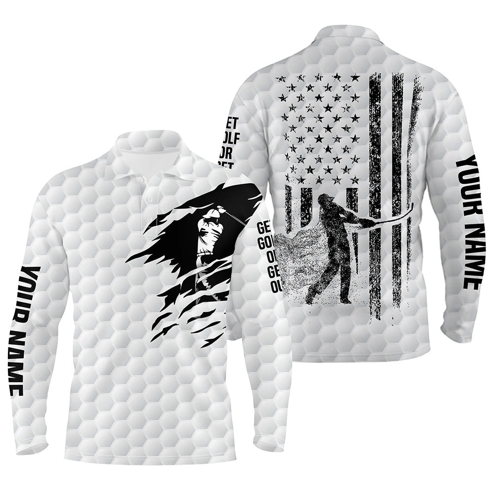 Golf Polo shirts, White Golf Polo Shirt Mens Custom Black American Flag Patriot Get Golf Or Get Out Funny Men Golf Wears