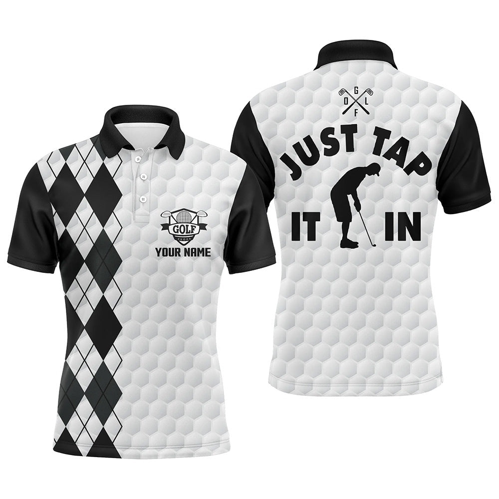 Golf Polo shirts, White Golf Shirt Mens Custom Name Just Tap It In Black Argyle Pattern Team Mens Polo Golf Shirts