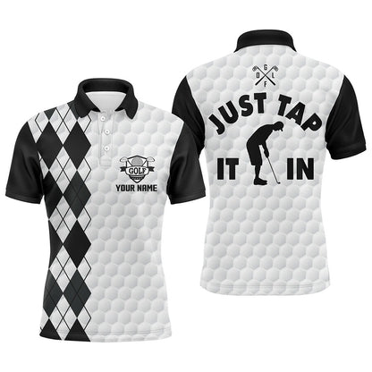 Golf Polo shirts, White Golf Shirt Mens Custom Name Just Tap It In Black Argyle Pattern Team Mens Polo Golf Shirts