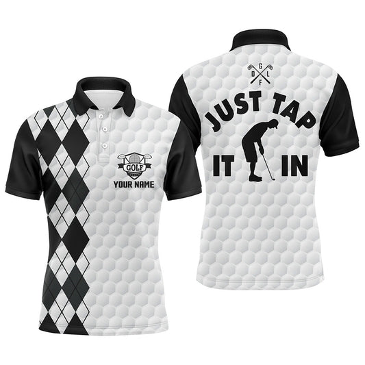 Golf Polo shirts, White Golf Shirt Mens Custom Name Just Tap It In Black Argyle Pattern Team Mens Polo Golf Shirts