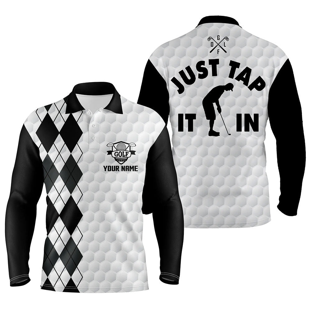 Golf Polo shirts, White Golf Shirt Mens Custom Name Just Tap It In Black Argyle Pattern Team Mens Polo Golf Shirts