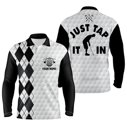 Golf Polo shirts, White Golf Shirt Mens Custom Name Just Tap It In Black Argyle Pattern Team Mens Polo Golf Shirts
