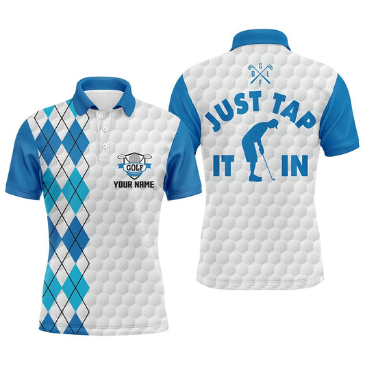 Golf Polo shirts, White Golf Shirt Mens Custom Name Just Tap It In Blue Argyle Pattern Team Mens Polo Golf Shirts