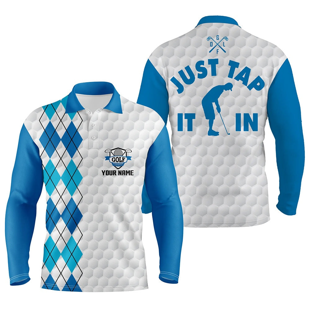 Golf Polo shirts, White Golf Shirt Mens Custom Name Just Tap It In Blue Argyle Pattern Team Mens Polo Golf Shirts