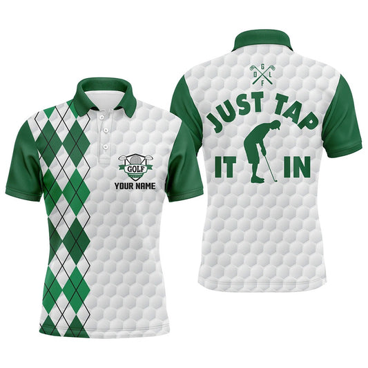 Golf Polo shirts, White Golf Shirt Mens Custom Name Just Tap It In Green Argyle Pattern Team Mens Polo Golf Shirts