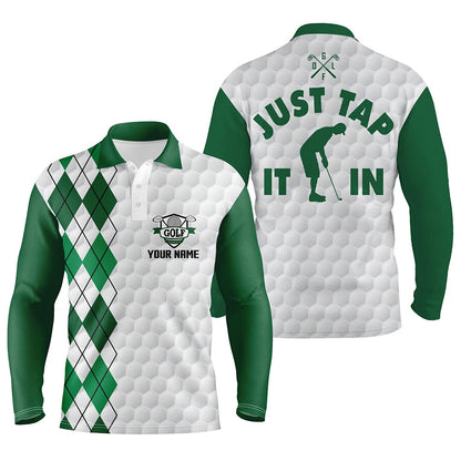 Golf Polo shirts, White Golf Shirt Mens Custom Name Just Tap It In Green Argyle Pattern Team Mens Polo Golf Shirts