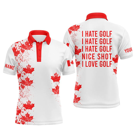 Golf Polo shirts, White Mens Golf Polo Shirts Canadian Flag Patriot Custom Name I Hate Golf Nice Shot I Love Golf