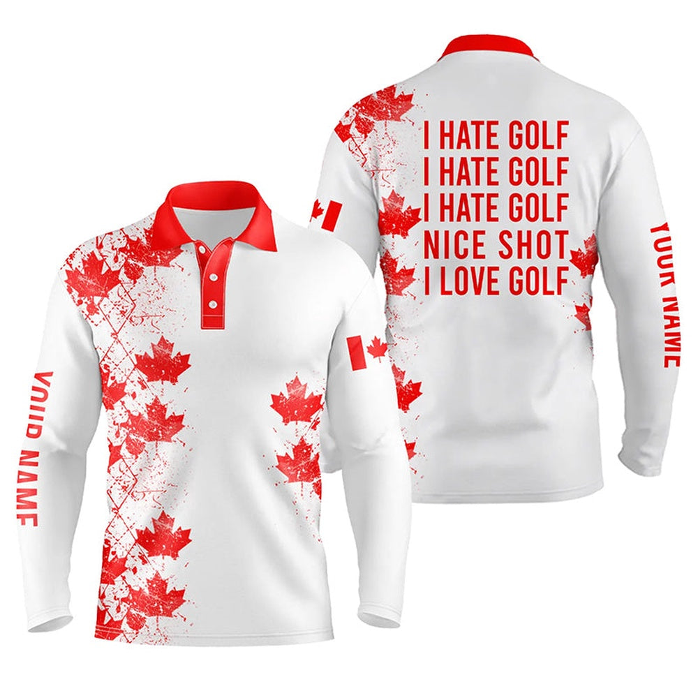 Golf Polo shirts, White Mens Golf Polo Shirts Canadian Flag Patriot Custom Name I Hate Golf Nice Shot I Love Golf