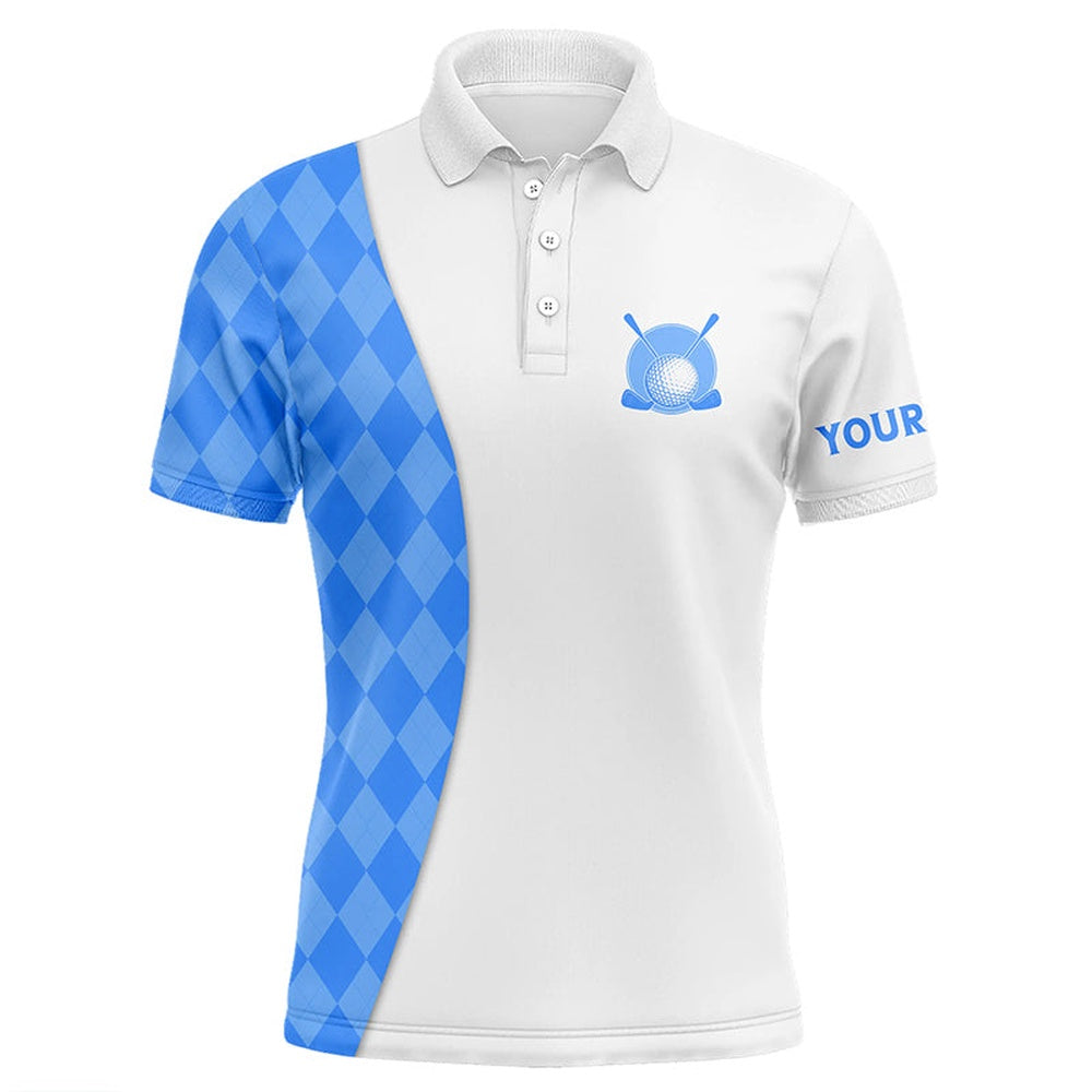 Golf Polo shirts, White Mens Golf Polo Shirts Custom Blue Argyle Plaid Pattern Golf Tops, Best Mens Golf Wear