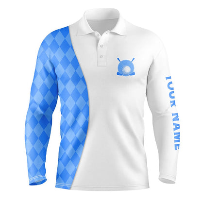 Golf Polo shirts, White Mens Golf Polo Shirts Custom Blue Argyle Plaid Pattern Golf Tops, Best Mens Golf Wear