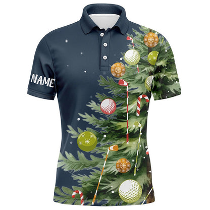 Golf Polo shirts, White Mens Golf Polo Shirts Custom Blue Christmas Tree Shirt For Mens, Christmas Golf Gifts