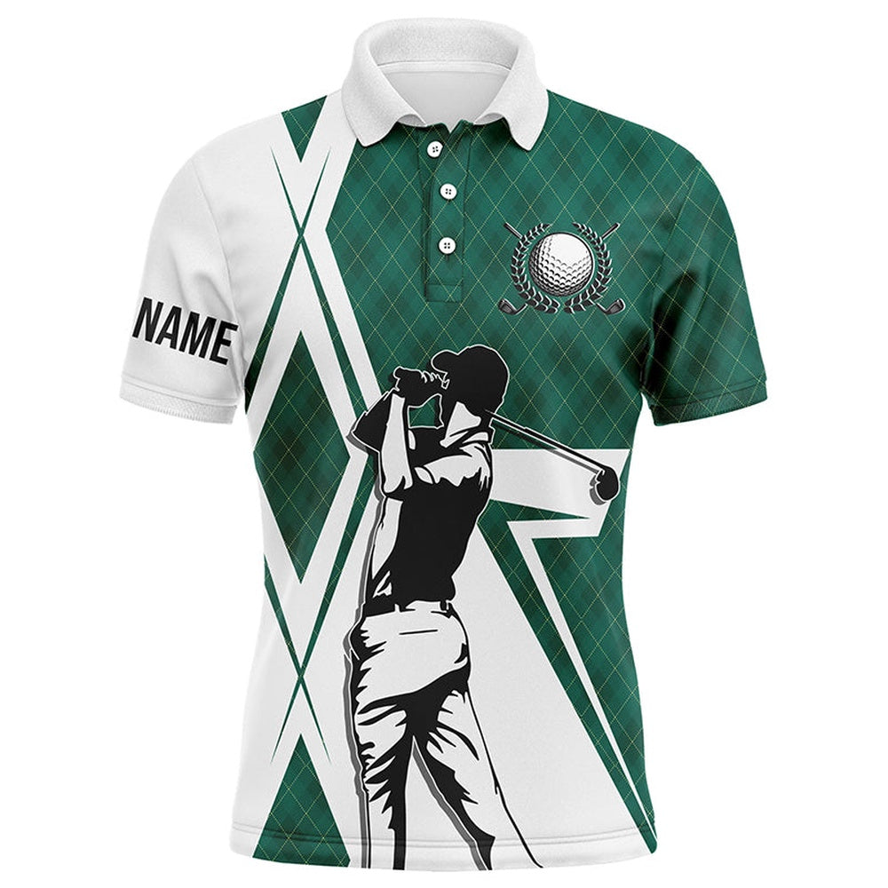 Golf Polo shirts, White Mens Golf Polo Shirts Custom Green Argyle Pattern Golf Shirts For Men For Mens