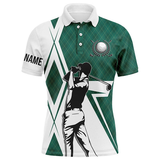 Golf Polo shirts, White Mens Golf Polo Shirts Custom Green Argyle Pattern Golf Shirts For Men For Mens